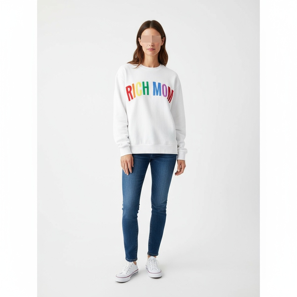 NWOT Rich Mom Sweatshirt Womens White Rainbow Crewneck Embroidered Casual Cozy S